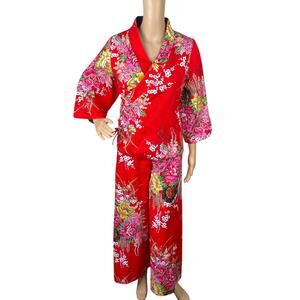 NEW Tangyi Chinese Red Floral Print Reversible Kimono Top + Pants SZ S/M